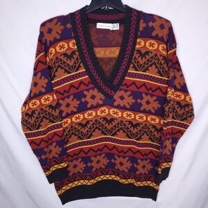 Greg Adams Sweater Mens Medium Knit Tribal V Neck Pullover Cotton Vintage